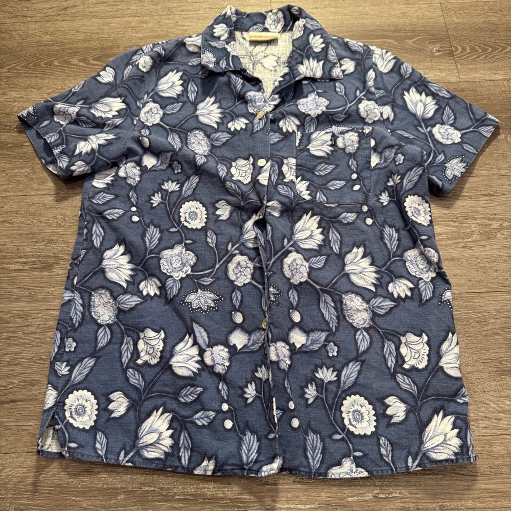 Coldwater Creek Camp Shirt Women M Blue Floral Linen Cotton VTG Boho Loop Collar